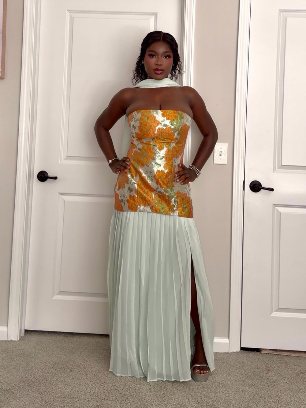 Fashion Nova Mint and Gold Floral Jacquard Maxi Skirt